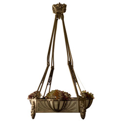 Antique French Art Deco Silvered Bronze & Frosted Glass Chandelier with Grape Clusters, Circa 1920.
