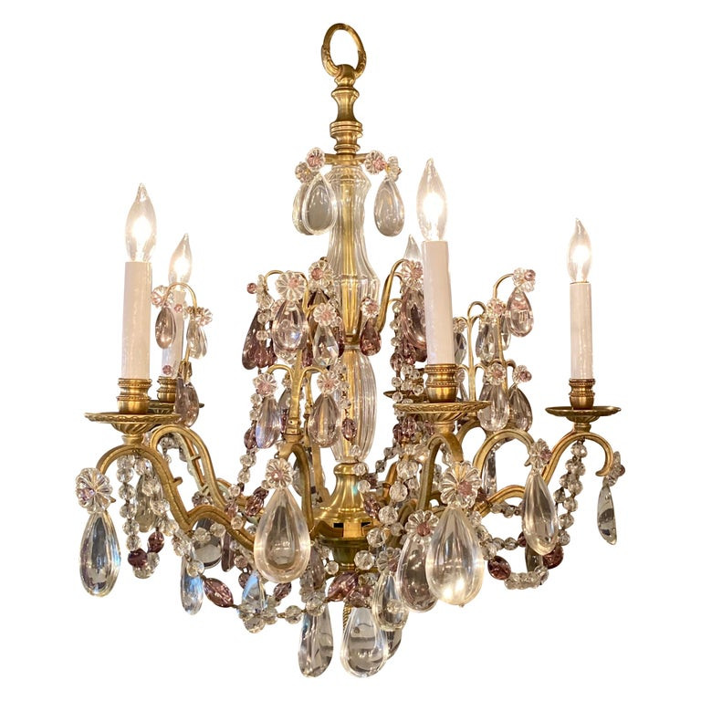 Antique French Gold Bronze & Clear and Purple Baccarat Crystal Chandelier,  Circa 1890.