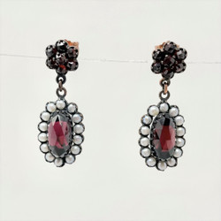Handmade Garnet Cluster, Seed Pearl, and Sterling Vermeil Drop Earrings.