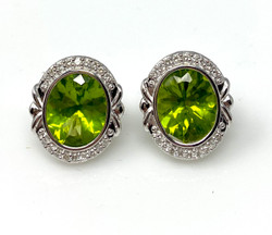 Pair Handmade American 14 Karat White Gold Peridot & Diamond Earrings
