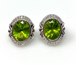 Pair Handmade American 14 Karat White Gold Peridot and Diamond Earrings