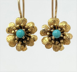 Pair Antique American 14 Karat Gold Turquoise Flower Earrings. 