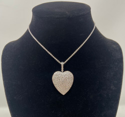 Hand-Made American 14 Karat White Gold and 4 Carat Diamond Heart Cluster Pendant.