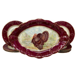 Set of 10 Antique American Porcelain "Turkey" Plates and Serving Platter with Hand-Painted Details Made By "Wheeling Pottery Co.," Circa 1890's.
