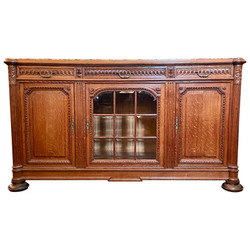 Antique French Carved Oak Buffet with Beveled Glass Door and Original Marble Top, Circa 1900.
