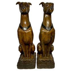 Pair Estate Italian Terracotta Porcelain Dog Statues with Glass Eyes, Circa 1950s.