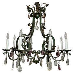 Antique French Wrought Iron & Crystal 8-Light Chandelier, Circa 1920. Beautiful Hand-Wrought Iron Chandelier with Both Clear and Purple Polished Prisms.