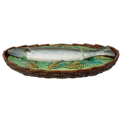 Antique English George Jones Majolica Pottery Fish Tureen in Basket & Reed Design with Mackerel, Circa 1870.