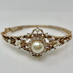 Antique 14 Karat Gold Diamond Pearl Bangle Bracelet