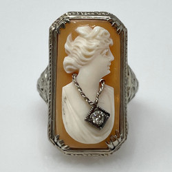 Antique American 14K White Gold and Diamond Cameo Ring.