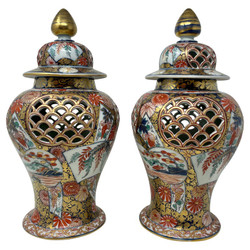 Pair Very Fine Antique Japanese Imari Porcelain Urns with Reticulated Pierce Work, Circa 1880-1890.