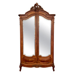 Antique French Louis XV Style Carved Walnut 2 Door Armoire with Original Curve-Line Beveled Mirrors, Circa 1900. Beautiful Fitted Interior.
