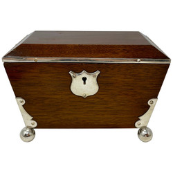 Antique English Victorian Mahogany Tea Caddy with Silver-Plated Mounts, Circa 1890's.