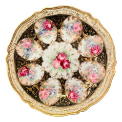 Antique Japanese Porcelain Plate, Hand-Decorated Gold, Ivory & Black with Florals, Circa 1900.