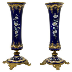 Exquisitely Made Antique French Napoleon III Gold Bronze Mounted Cobalt Porcelain Vases with Enameling, Circa 1870-1880.