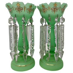 Pair Antique French "Art Nouveau" Green and Gold Opaline Glass Lustres (Candlesticks), Circa 1910-1920.