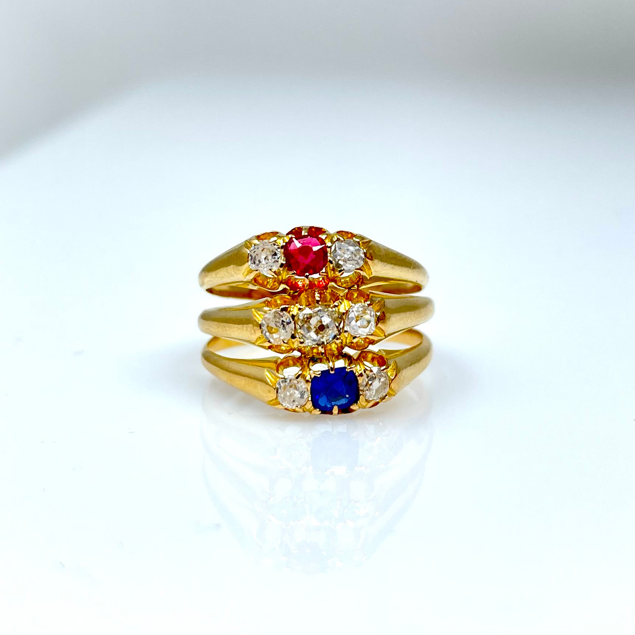 Antique 18 Karat Gold Diamond, Ruby, and Sapphire Jubilee Ring, Hallmarked " Birmingham", Circa 1887. - Moss Antiques