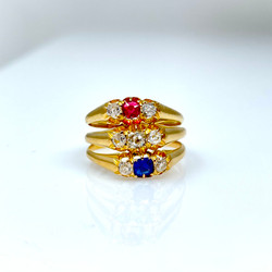 Antique 18 Karat Gold Diamond, Ruby, and Sapphire Jubilee Ring, Hallmarked "Birmingham", Circa 1887.
