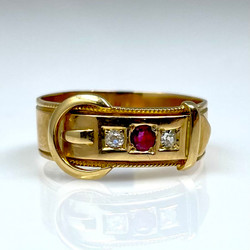 Antique English 15 Karat Gold Ruby and Diamond Buckle Ring