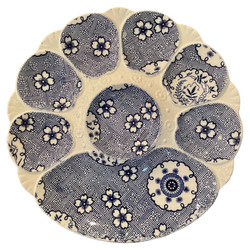 Fabulous Antique English Porcelain Bombay Design Oyster Plate with Large Cracker Well, Signed "Mintons Co.", Circa 1890s. Intricate Pattern in Blue and Cream Colors.