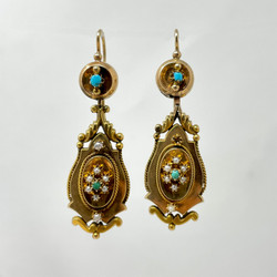 Antique 18 Karat Gold Turquoise and Pearl Earrings, circa 1880