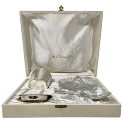 Estate French Christofle Crystal and Silver-Plate Juice Set in Original Fitted Box, Circa 1940-1950. Hallmarked on Bottom of Cup.