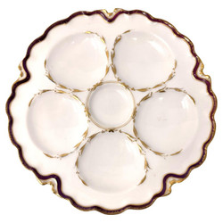 Antique French Limoges Porcelain Oyster Plate, Signed "Haviland Co.," Circa 1900. Hand-Painted Red & Gold on a White Background.