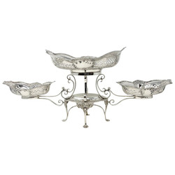 Antique English King Edward Style Sterling Silver "Mappin & Webb" Epergne, from Birmingham, England, Circa 1900. Lovely 3-Piece Epergne in a Pierced Design.
