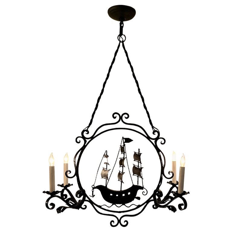 Estate Wrought Iron Sailing Ship Chandelier, Circa 193040. Moss Antiques