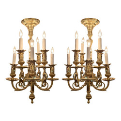 Pair Small Antique French Louis XIII Style Bronze Chandeliers, Circa 1860-1870.