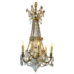 Antique French Gold Bronze and Baccarat Crystal Heavily Draped 6-Light Chandelier, Circa 1900.