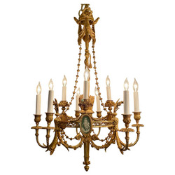 Finest Quality Antique French Louis XVI Style Gold Bronze Chandelier with Wedgwood Porcelain Mounts, Circa 1880.