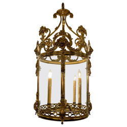 Antique English Regency Era Gold Bronze 4-Light Chateau Lantern with Lion Masks & Neo-Classical Urns, Circa 1820's.