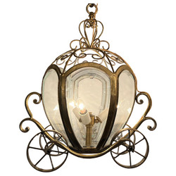 Unusual Estate Glass and Brass Figural “Carriage” 3-Light Chandelier.