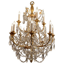 Antique French Belle Époque Era Gold Bronze & Heavily Draped Cut Crystal 2-Tier Chandelier, Circa 1910.