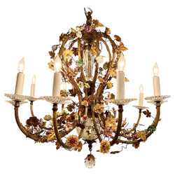 Antique French Gold Bronze and Cut Crystal 10-Light Chandelier With Dresden Porcelain Flowers, Circa 1890.