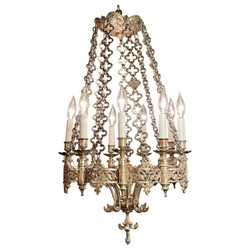 Antique French Louis XIII Style Silvered Bronze 9-Light Chandelier, Circa 1890's.