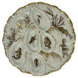 Antique French "Haviland & Co." Limoges Porcelain Turkey Pattern Oyster Plate with Hand-Painted Sea Life, Circa 1890.