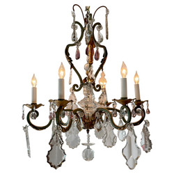 Estate French Wrought Iron and Clear & Multi-Colored Cut Crystal Chandelier, Circa 1920's. Patinated and Antique Gold Iron Frame with Amethyst, Amber and Clear Prisms.