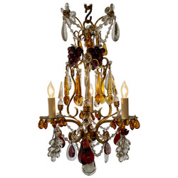 Antique French Clear & Multi-Colored Baccarat Crystal and Gold Bronze Chandelier, Circa 1880. With Purple Grape Clusters, Dark Amber Pears and Amethyst, Amber and Clear Prisms.