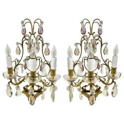 Pair Antique French Gold Bronze and Cut Crystal Girandoles, Circa 1870-1880. Pretty Candle Lamps with Clear, Amethyst and Amber Colored Crystal Prisms.