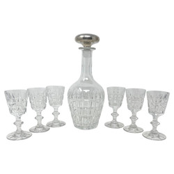 Estate American Cut Crystal Decanter with Sterling Silver Mounted Stopper and 6 Cordial Glasses, Signed "Hawkes," Circa 1950's.