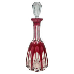Antique Cranberry Cut to Clear Crystal Wine Decanter with Stopper, Circa 1920.
