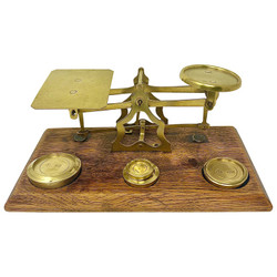 Antique English Victorian Oak & Brass Postal Scale with Weights, Circa 1880-1890.