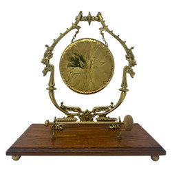 Antique English Brass And Oak Tabletop Gong, Circa 1910. Wonderful Lines and Intricate Designs in Brass.