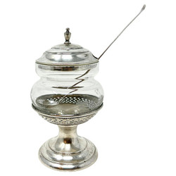 Antique American Sterling Silver & Crystal Mustard Pot with Spoon, Circa 1890-1900.