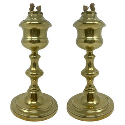 Pair Antique Brass Whale Oil Lamp Candlesticks, Circa 1830's.