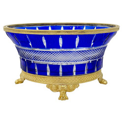 Antique Austrian Cobalt Cut to Clear Crystal Bowl with Bronze D'ore Mounts, Circa 1890s-1910.