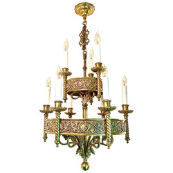 Antique French Renaissance Revival Gold Bronze 9-Light Chandelier, Circa 1910-1920's.