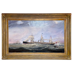 Large Antique English Framed Oil on Canvas Ship Painting, Signed "CKM 1876," Charles Keith Miller (British, 1836-1907).